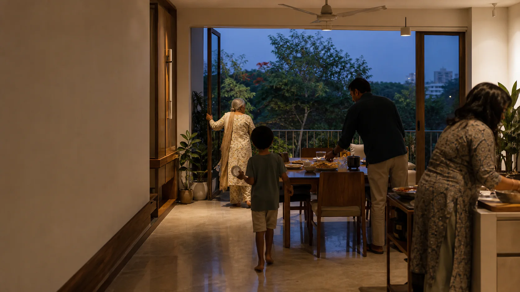 A multigenerational family preparing for dinner in a home open to the evening landscape