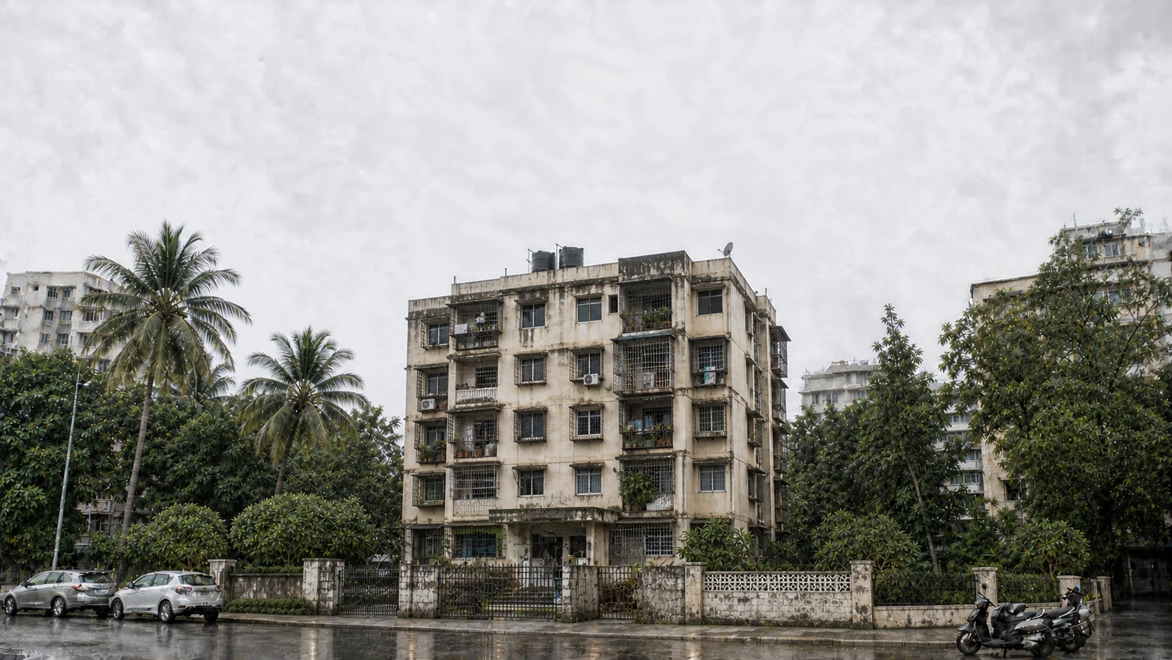 An existing cooperative housing society building in Mumbai within its natural neighbourhood setting and an unobstructed frontage