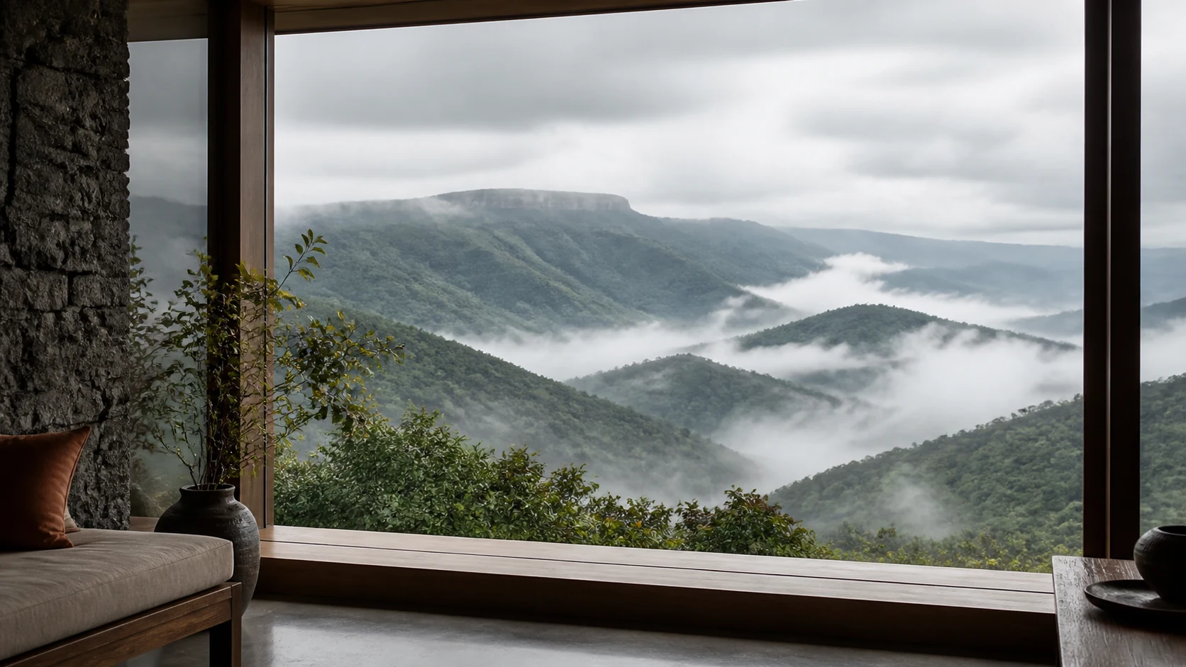 A mountain view from a Panchgani home, with fog moving across the Western Ghats