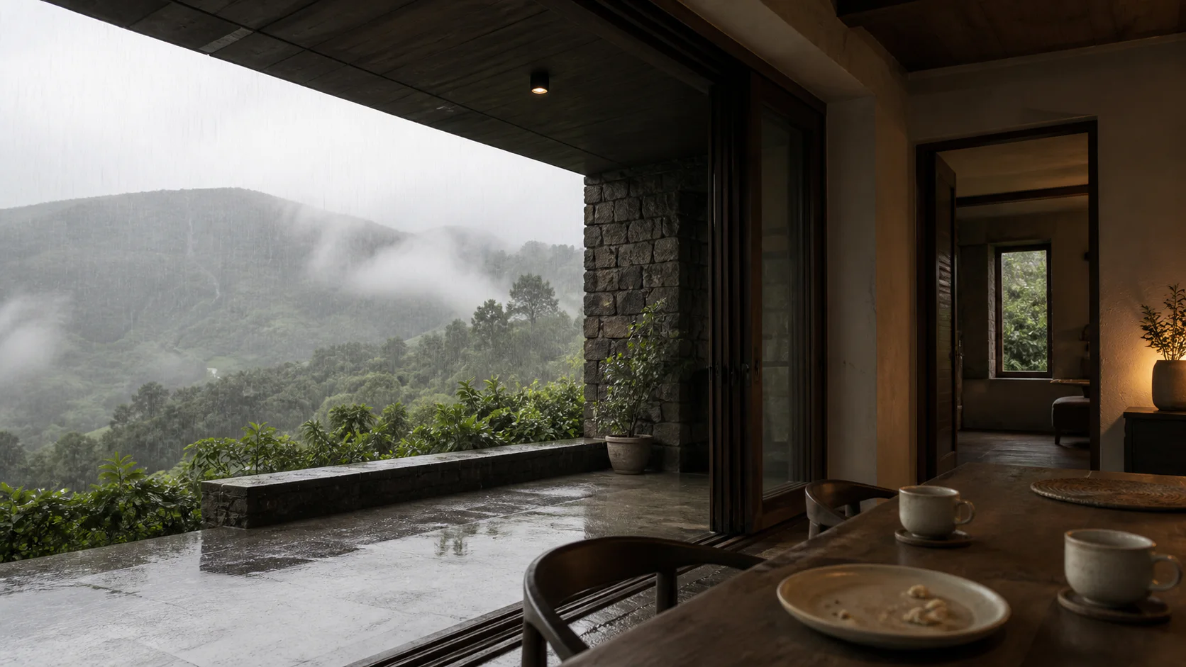 A covered stone veranda and dining table overlooking misty Western Ghats hills during monsoon rain